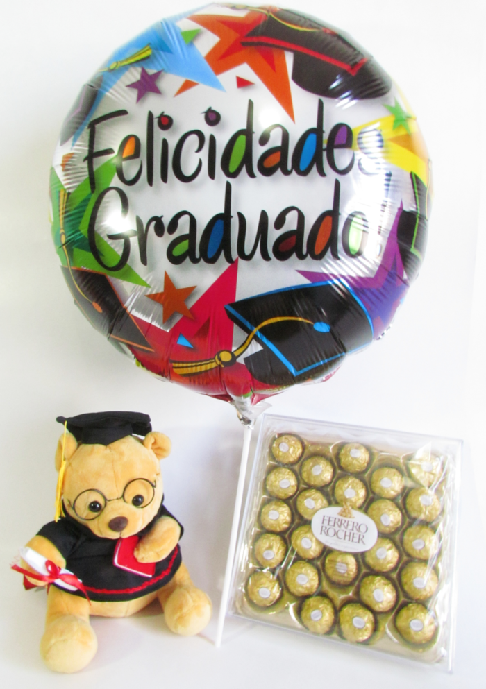 Peluche de Graduación con Birrete mas delicioso chocolate y Globo